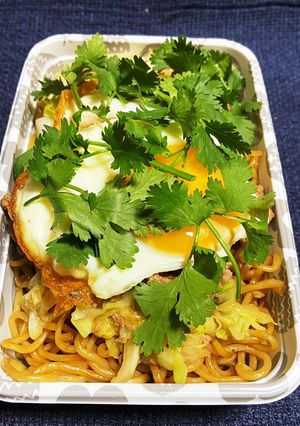 昼弁当。パクチーのせ焼きそば(身内専用)-レシピのメイン写真