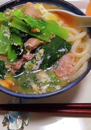 豚小松菜のかきたまうどん-レシピのメイン写真