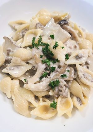 牛ひき肉ときのこのクリームソースパスタ-レシピのメイン写真