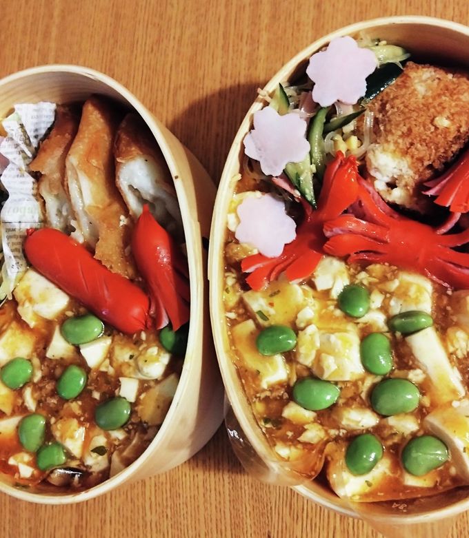 曲げわっぱ高校生弁当、中華弁当 by まぴりんこ 【クックパッド