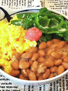 レンチン♪納豆ピーマン卵の三色丼♡-レシピのメイン写真