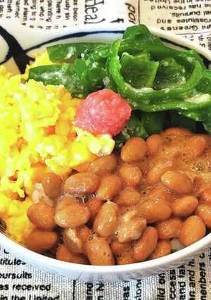 レンチン♪納豆ピーマン卵の三色丼♡-レシピのメイン写真
