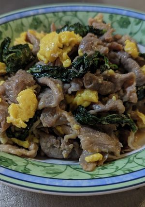モロヘイヤと豚肉とタマゴの和風炒め-レシピのメイン写真
