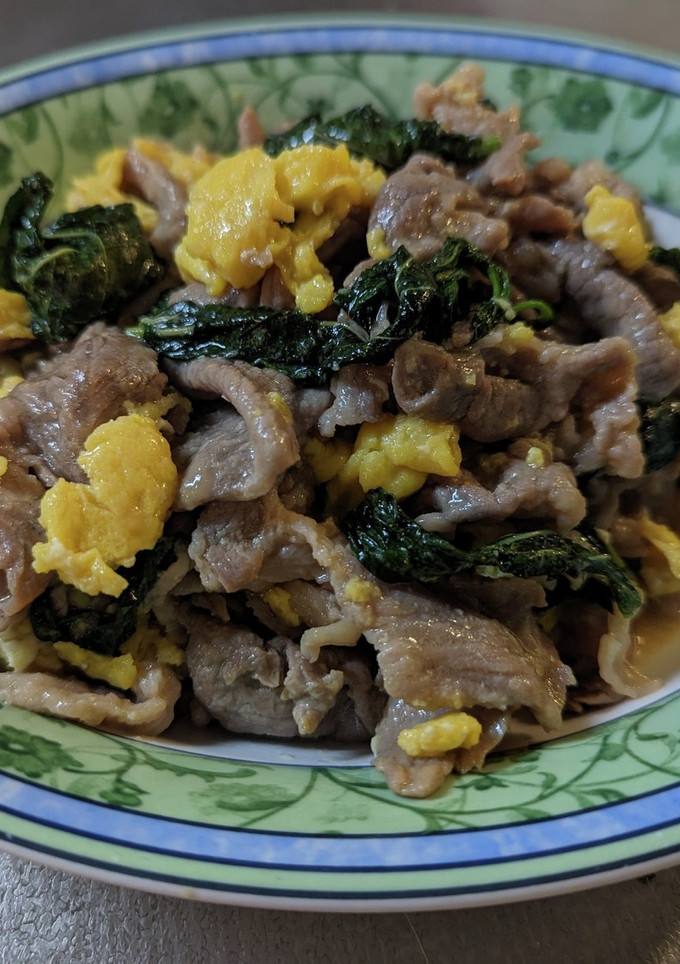 モロヘイヤと豚肉とタマゴの和風炒め-レシピのメイン写真