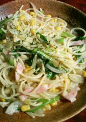 コーンとホウレン草のスープパスタ-レシピのメイン写真