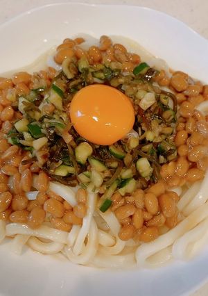 納豆、山形のだし入り、冷やし釜玉風うどん-レシピのメイン写真