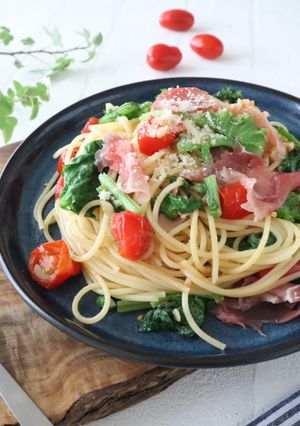 ワサビ菜とミニトマトの生ハムパスタ-レシピのメイン写真