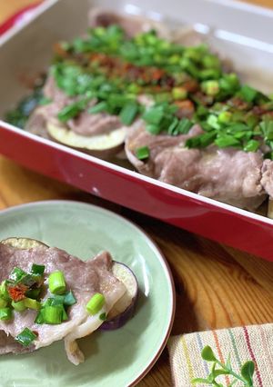 レンジで　豚肉と茄子とニラの重ね蒸し-レシピのメイン写真