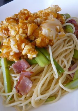 ☆アスパラベーコンの半熟卵かけパスタ☆-レシピのメイン写真