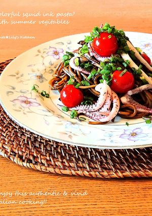 夏野菜＆生イカで作る✨イカ墨彩りパスタ-レシピのメイン写真
