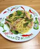 いんげんと厚切りハムのペペロンチーノ
