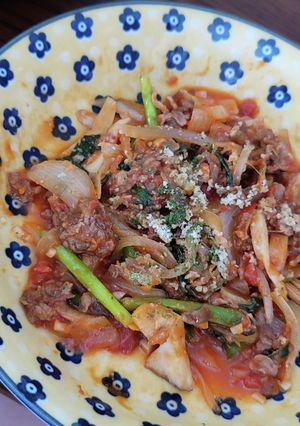 牛肉　たまねぎ　エリンギ　カットトマト　-レシピのメイン写真