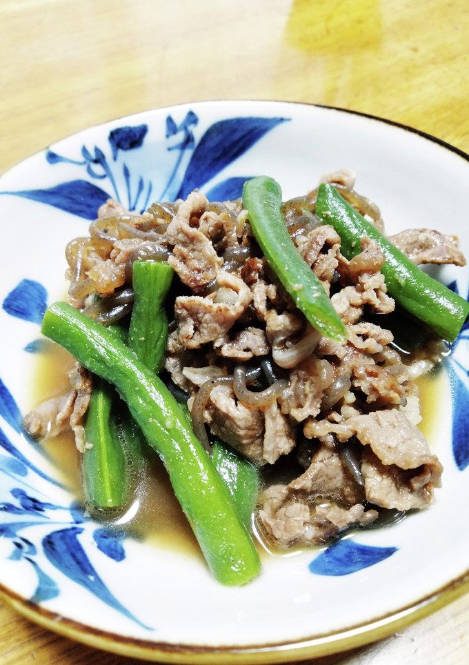 いんげんと牛コマと糸コンニャクの炒め煮-レシピのメイン写真