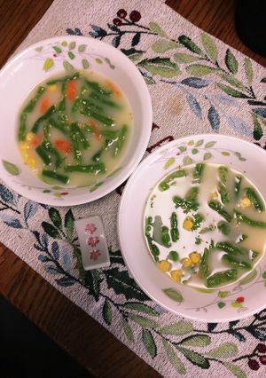 コーンスープにレンジ加熱トウロク豆と人参-レシピのメイン写真