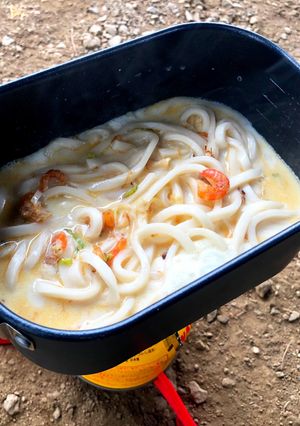 ▲山ごはん▲焦がしネギとエビの豆乳うどん-レシピのメイン写真