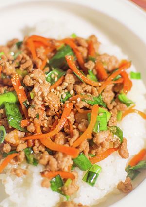 簡単！ひき肉のスタミナ丼（人参ニラなど）-レシピのメイン写真
