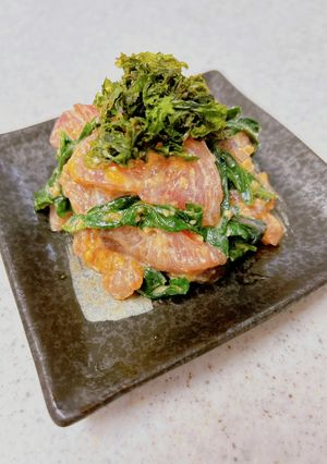 刺身（ぶり）と青菜（金時草）のからし和え-レシピのメイン写真