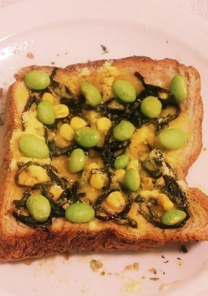 “枝豆コ-ンス-プ粉ごま昆布煮ト-スト”-レシピのメイン写真