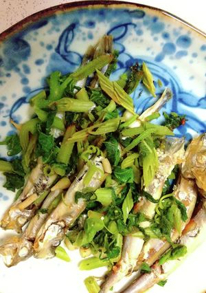 かぼちゃの葉っぱとししゃも焼き炒め-レシピのメイン写真
