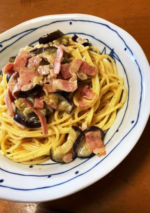 茄子とベーコンの麺つゆクリームスパ-レシピのメイン写真