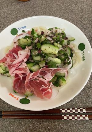 夏野菜たっぷり冷やしうどん生ハム添え-レシピのメイン写真