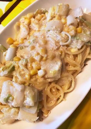 白菜明太コーンのあったか豆乳パスタ-レシピのメイン写真