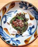 木綿豆腐にシシトウの味噌炒め乗せ