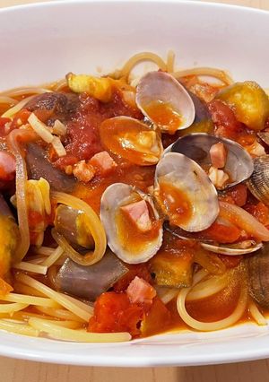 ワンパン!あさりと茄子のトマトスープスパ-レシピのメイン写真