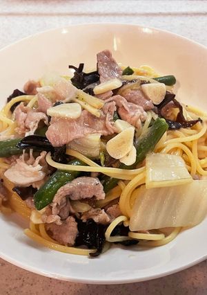ワンパン!白菜木耳インゲンとろみパスタ-レシピのメイン写真