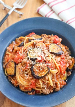 ワンパン♫なすとひき肉のトマトパスタ-レシピのメイン写真