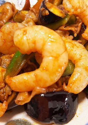 夏野菜と豚肉とエビの味噌炒め-レシピのメイン写真