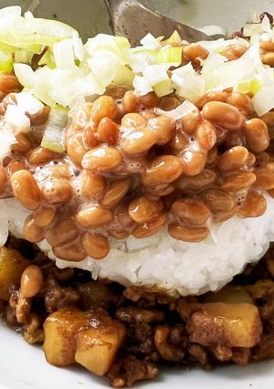 豚挽肉じゃがいもキーマカレー納豆ネギのせ-レシピのメイン写真