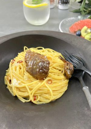 みつせ鶏砂肝ぺぺたまパスタ-レシピのメイン写真