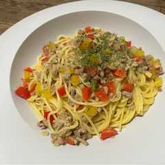 A picture of ひき肉とパプリカのラグービアンコパスタ.