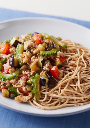 大豆麺で作るゴーヤとナスのミンチ麺-レシピのメイン写真