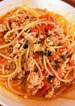 簡単時短！鶏ひき肉とトマトのスパゲッティ-レシピのメイン写真