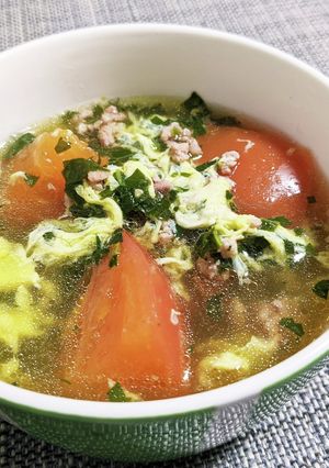 栄養満点 モロヘイヤの豚トマ卵スープ-レシピのメイン写真