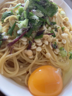 ワンパン月見たぬきパスタ-レシピのメイン写真