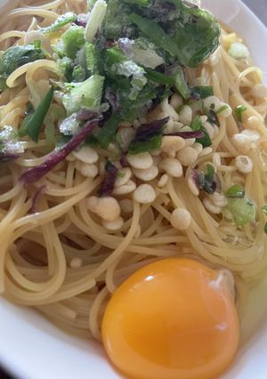 ワンパン月見たぬきパスタ-レシピのメイン写真