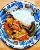 鶏もも肉と冷凍したトマトとナスのカレー