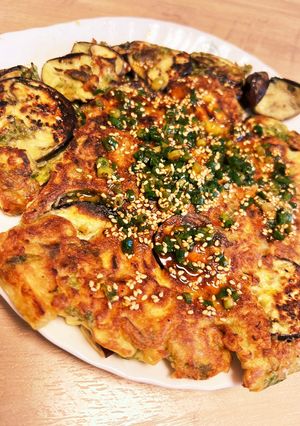 チヂミ風材料茄子だけふわトロお好み焼き-レシピのメイン写真