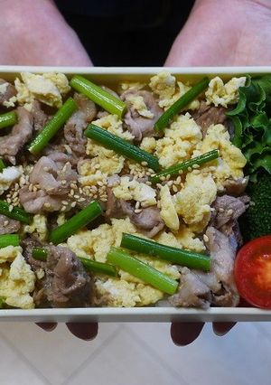 豚こま肉とニンニクの芽と卵の丼弁当-レシピのメイン写真