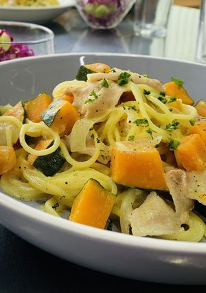 豚肉とカボチャの豆乳スープパスタ-レシピのメイン写真