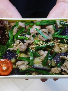 レンジで簡単★なすと豚肉とニラの丼弁当-レシピのメイン写真
