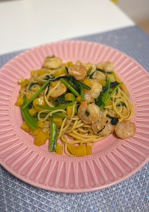 【10分】春菊エビたくあんの和風パスタ-レシピのメイン写真