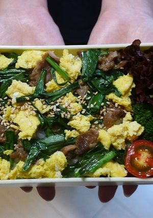 電子レンジで簡単★ニラと豚肉と卵の丼弁当-レシピのメイン写真