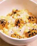 “栗甘露煮ゆず胡椒揚げ玉ゴマ塩ご飯”