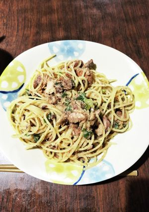 サバ味噌とネギの和風めんつゆパスタ-レシピのメイン写真