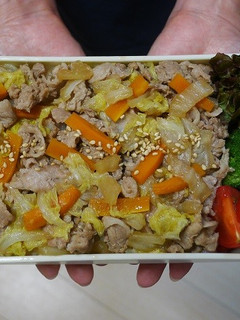 レンジ簡単★豚肉ときゃべつと人参の丼弁当-レシピのメイン写真