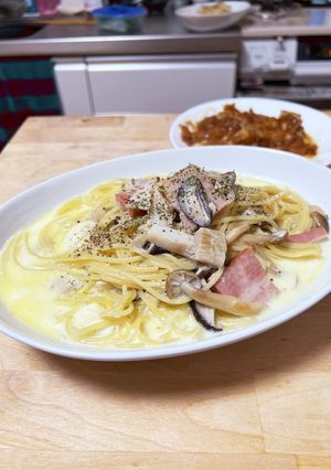牛乳☆きのことベーコンの濃厚クリームスパ-レシピのメイン写真